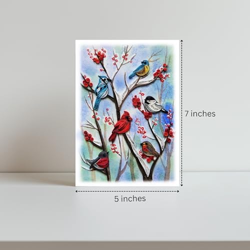 Winter Cardinal and Christmas Card, Quilling Art, Birds and Season Themed, Watercolor Classy Cards for Mom, Women, Wife, Daughter (Birds - Winter Garden)