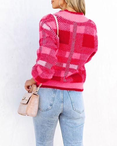 Imily Bela Womens Cardigan Sweaters Plaid Fuzzy Knit V Neck Button Down Long Sleeve Cozy Cardigans Pullover Tops