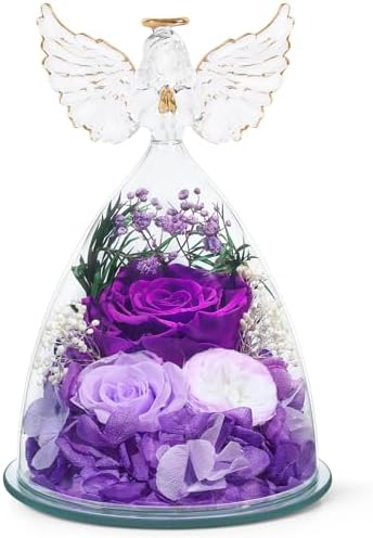 FIACO Gifts for Women Mom Preserved Rose Forever Flower in Glass Angel Figurine Fresh Flowers for Delivery Birthday Gifts for Grandma Wife Sister Christmas Anniversary Eternal Purple Roses