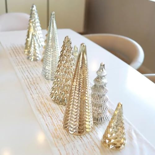 Set of 5 Illuminated Mercury Glass Trees - Upgrade Mercury Glass Christmas Trees with LED Lighted Tabletop Decor, Crackled Mercury GlassTrees for Xmas Home Party Centerpiece Tabletop Mantel (Gold)