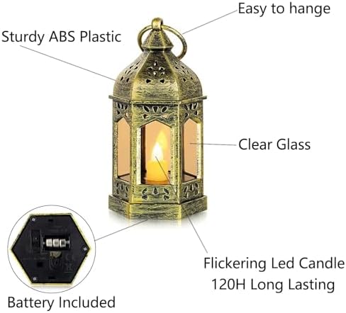 Mini Lantern with Flickering LED Candles Set of 10, Hewory Gold Vintage Decorative Hanging Candle Lanterns for Halloween, Christmas, Wedding Decorations, Party, Table Centerpiece, Battery Included