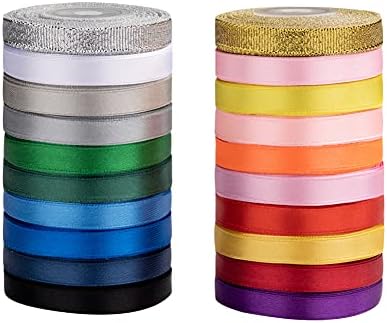 20 Colors 300 Yard Double Faced Rainbow Satin Ribbon -18 Ribbon Rolls & 2 Glitter Metallic Ribbon,3/8" X 15 Yard/Roll,Perfect for Christmas Gift Wrapping,Hair Bows & Other Craft Projects
