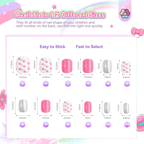 SAVILAND 168Pcs 7 Pack Press on Nails for Kids Children Fake Nails Stick on Nails Pre-glue Full Cover Glitter Gradient Color Star Short Acrylic Nail Tips Nail Art Christmas Easter Gifts for 8-12 Year