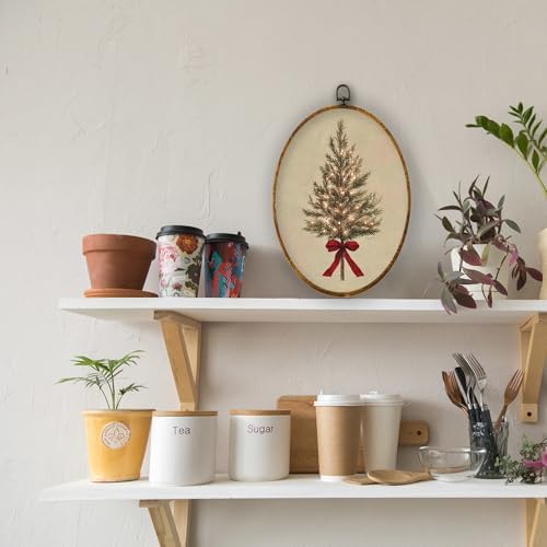 XPH Vintage Christmas Tree Oval Wall Art Framed, Rustic Coquette Red Bow Tree Oval Wall Decor, Farmhouse Cozy Christmas Hanging Canvas Prints for Home Bedroom Living Room Decoration, 8.6x11.4 Inch