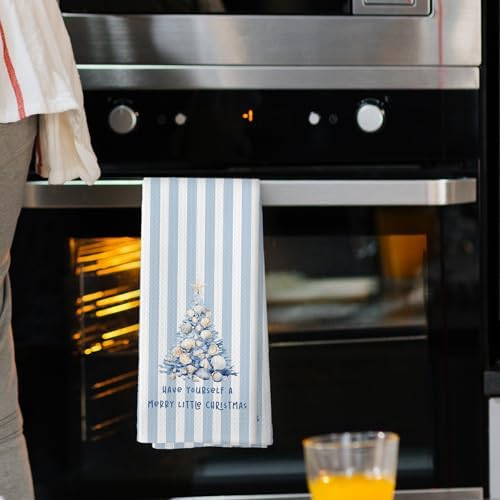 Blue Coastal Beach Christmas Tree Kitchen Towels, Coastal Beach Christmas Decor Hand Towel for Bathroom Kitchen Decor, Xmas Seashell Tree Decorative Tea Towels Dish Towel 16x24 Inch