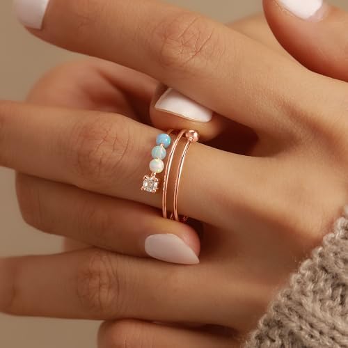 LOVECOM 14K Gold Plated Filled Fidget Rings With Opal S925 Sterling Silver Adjustable Open Anxiety Ring for Women Cute Stress Relieving Spinner Ring With Beads Jewelry Christmas Gifts for Mom