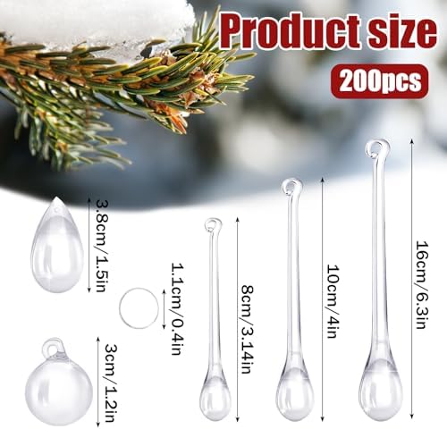 200 Pcs Christmas Tree Ornaments Clear Acrylic Hanging Teardrop Ornaments 5 Styles Christmas Crystal Chandelier Pendant Crystals for Centerpieces Chandelier Wedding Decor (Clear)