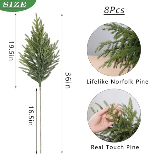YXZZWL 8 Pcs Christmas Norfolk Pine Branches, 36 Inch Real Touch Artificial Norfolk Pine Branch Faux Cedar Pine Stem Fake Greenery Picks for Vase DIY Garland Wreath Home Garden Decoration