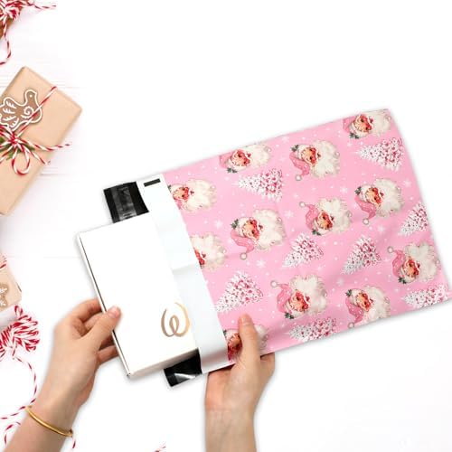 100Pcs Christmas Poly Mailers Pink Xmas Tree Santa Packing Bags With Self Sealing Decorative Envelope Mailers For Small Business Clothing, 14.5 x 19 Inch