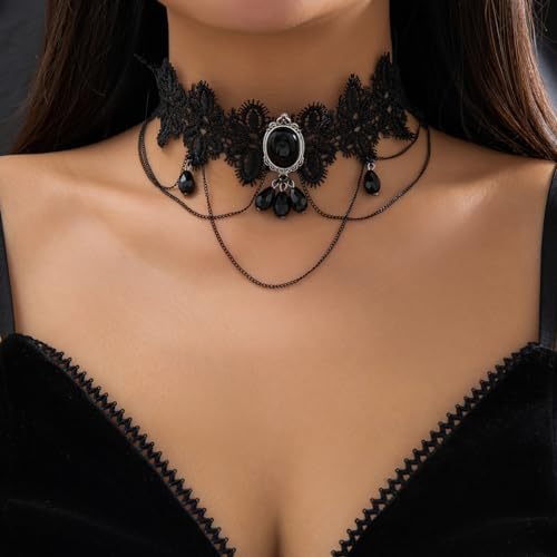 PINK TOWN Gothic Black Lace Choker Necklace for Women Goth Crystal Pendant Necklace Vintage Vampire Choker Necklace Christmas Halloween Birthday Jewelry Accessories