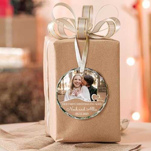 First Christmas Engaged Ornament 2025 – Custom Engagement Photo Ornament – Personalized Couple Gift with Name Date Picture – Romantic Holiday Keepsake