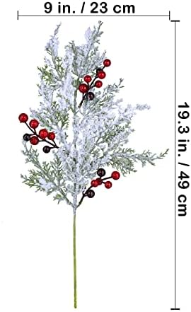 Winlyn 6 Pcs Snowy Artificial Cedar Picks with Red Berries Frosted Faux Cedar Sprays Christmas Cedar Greenery Branches Stems for Christmas Tree Wreath Floral Arrangement Vase Winter Holiday Décor