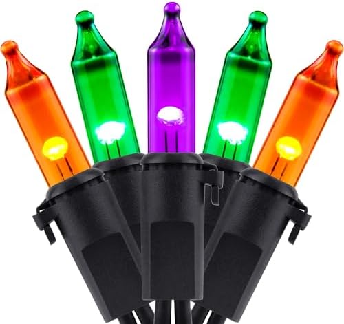 YULETIME 100 Count Orange Green Purple Christmas Lights, 33 Feet Black Wire UL Certified Incandescent-Like LED Mini String Lights