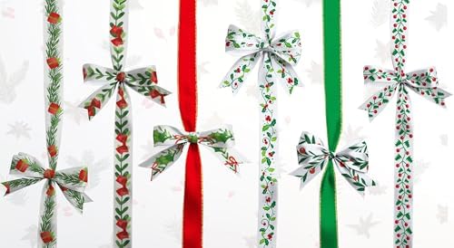 YKW Christmas Ribbon Set - 8 Festive Patterns, 24 Yards Total - 3/8" Wide Holiday Ribbon for Gift Wrapping, Tree Decorations, Crafts -Threaded Ribbon for Xmas Decor, DIY Projects