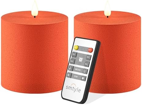 smtyle 4"X4" Orange Battery Operated Flickering Frosted Flameless LED Pillar Candles Set of 2 for Halloween Fall Decor Home Ambience