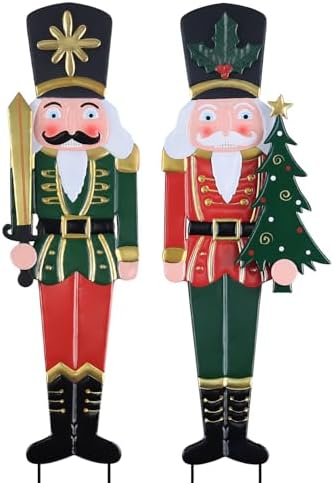YEAHOME Outdoor Christmas Decorations, Set of 2 Metal Nutcracker Decorative Garden Stakes for Christmas Outdoor Yard, Xmas Walnut Soldier Yard Signs for Outside Home Garden Lawn Porch Pathway Decor