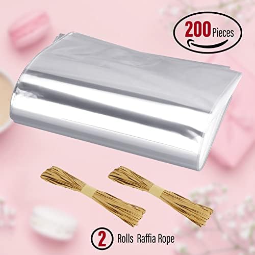 Tudomro 200 Pcs Clear Flat Cellophane Soap Bags for Packaging 4.9'' x 7.9'' Small Mini Soap Cookie Candy Wrappers Bags with Raffia Rope for Wedding Christmas Craft Gift Birthday Party Favor Supplies