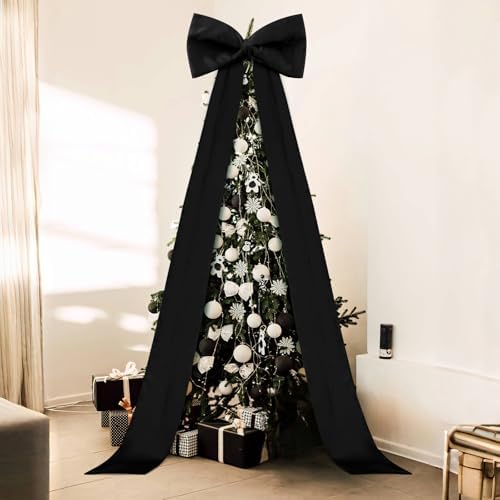 118x28 Inch Extra Large Christmas Tree Topper Bow Christmas Giant Satin Bow Decoration with Long Streamers Huge Oversized Topper Decor for Xmas Tree Holiday Party Door Wall(Black,Satin)