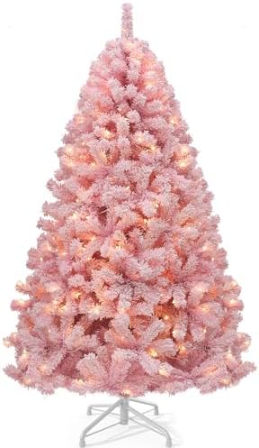 YITAHOME 6 FT Prelit Pink Flocked Christmas Tree, Pre-Lit Pink Spruce Artificial Christmas Tree with 928 PVC Flocked Tips and 250 Warm-White Lights for Home, Office Decoration