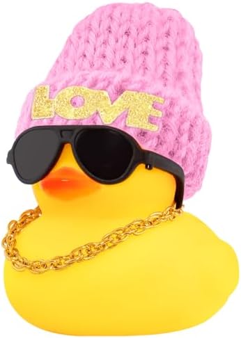 wonuu Car Dashboard Rubber Ducks Saint Valentine's Day Decorations, Christmas Eve Rubber Ducky for Car Ornament Cute Duck with Love Knit Hat, Glasses, Necklace, Pink
