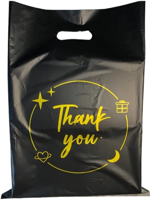 100PCS Black Thank You Gift bag, reusable plastic bag with suitable for boutiques,retail shopping,weddings, birthdays,Thanksgiving,Christmas,business gifts, stores,party and boutique bags,(6"x8")