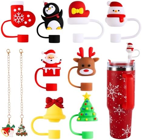 10pc 3D Christmas Straw Topper for Stanley 2025 New Silicone Reusable Christmas Straw Covers with Cup Accessories for Stanley 30&40 Oz Tumbler Cup Christmas Gift(Christmas style B)