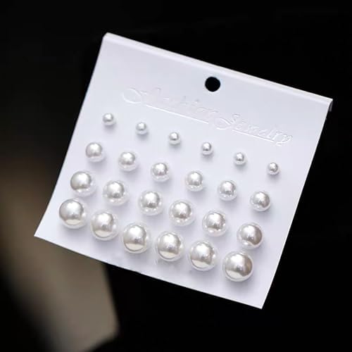 12 Pairs Pearl Studs Earrings for Women, Stainless Steel Hypoallergenic White Faux Simulated Pearl Earrings, 4 Mixed Sizes Round Ball Jewelry for Wedding Birthday Christmas