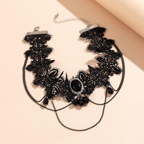 PINK TOWN Gothic Black Lace Choker Necklace for Women Goth Crystal Pendant Necklace Vintage Vampire Choker Necklace Christmas Halloween Birthday Jewelry Accessories