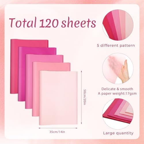 120 Sheets Pink Tissue Paper for Gift Bags, Assorted Pink Gift Tissue Paper Bulk for Art Crafts Packaging Gifts Wrapping Baby Shower Wedding Birthday Christmas Decorations, 14 x 20 Inch