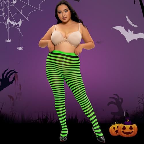 Yilanmy 2 Pairs Plus Size Striped Tights for Women Colored Halloween Christmas Costume Leggings Footed Opaque Pantyhose
