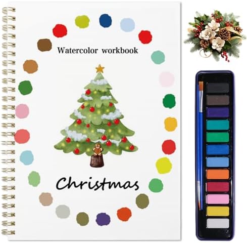 Christmas Water Coloring Book,Beginner-Friendly Watercolor Workbooks, with 12 Colors Watercolor Paint Set with Paint Brush（Christmas）