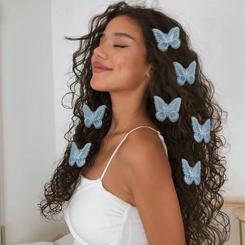 12Pcs Blue Butterfly Hair Clips, Cute Lace Embroidery Flower Butterfly Hair Bow for Women Girls Fairy Hair Accessories Halloween Christmas Party Decor (Blue)