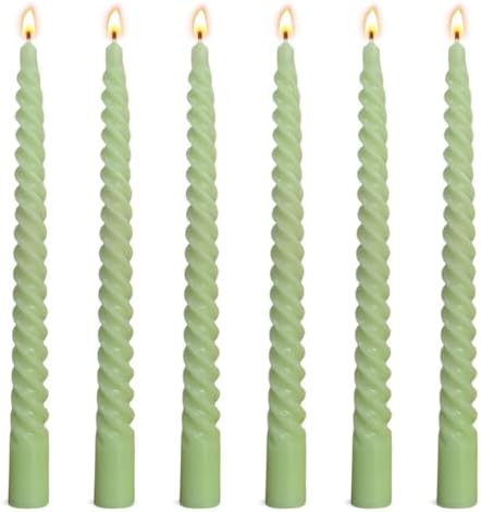 6 Pack 10 Inch Sage-Green Spiral Taper Candles for Christmas and Spring Home Decoration, Unscented Dripless Twisted Candlesticks for Dinner St. Patrick's Day Earth Day and Garden Parties