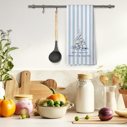 Blue Coastal Beach Christmas Tree Kitchen Towels, Coastal Beach Christmas Decor Hand Towel for Bathroom Kitchen Decor, Xmas Seashell Tree Decorative Tea Towels Dish Towel 16x24 Inch