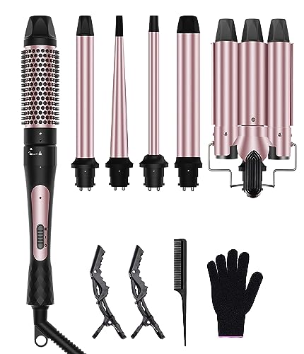 6 in 1 Wand Curling Iron, 3 Barrel Curling Iron Set with Thermal Brush (1.5") and 5 Interchangeable Ceramic Wand Curler (0.35"-1.25"), 2 Temp Heating Setting, Halloween Christmas Gifts for Women
