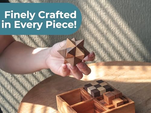 BSIRI Wooden Puzzle Box Set (4 Games) - Challenging Brain Teasers 3D Puzzles for Adults, Interlocking Games for IQ Test. Ideal for Rustic Patio Decor, Unique Gift for Christmas and Birthdays