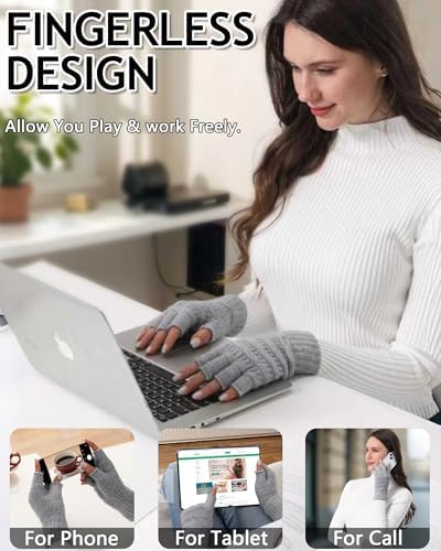 2 Pairs Fingerless Gloves for Women Men, Half Finger Winter Warm Stretch Knitted Gloves for Texting Typing Driving Working