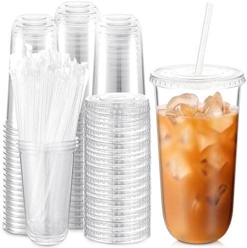 100 Sets Clear Plastic Cups with Lids and Straws, Disposable Iced Coffee Cups for Drinking, Cold Drinks, Juice, Smoothie, Pet Cup for Coffee Shops, Party, Christmas(20 oz)