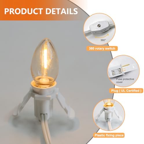 5 Base C7 String Bulbs Christmas Village Light Accessory Cord with 5 LED Light Bulb Universal Clip White Cord with On/Off Spare Fuse Switch Plugs for Decorations Christmas Village House