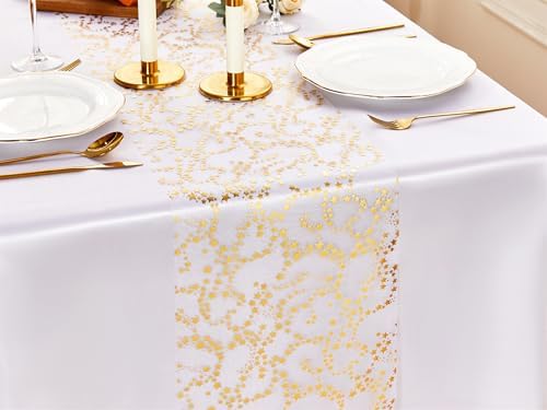 YATOJUZI Gold Table Runner,16 Ft Golden Star Sheer Chiffon Tulle Table Runner,Sequin Glitter Metallic Foil Gold Table Decorations Centerpiece for Wedding Birthday Christmas Party