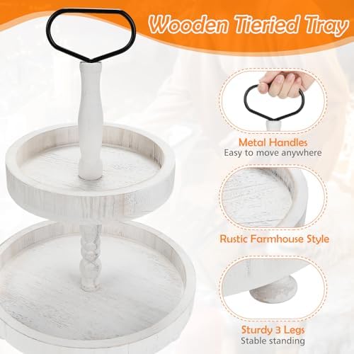 2 Tiered Tray Stand Decor, Wooden 13 Inch Tiered Tray Decor for Farmhouse, Kitchen, Coffee Bar, Home, Suit for Halloween, Fall Thanksgiving, Christmas, New Year