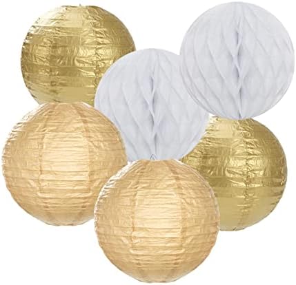 White Gold Party Decorations Streamers - 14pcs Christmas Wedding Engagement Paper Lanterns Fan,Tissue Pom Poms,Honeycomb Balls,Bachelorette Neutral Birthday Baby Bridal Shower Decor Lasting Surprise