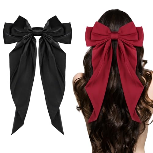 Big Bow Hair Accessories 2pcs - Long Tail French Satin Silky Barrettes for Women and Girls, Black, Burgundy, Red Bows for Birthday, Party, Show, Christmas