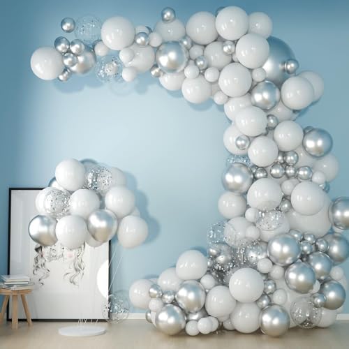 White and Silver Balloons Garland Arch Kit 5"10 Inch 12" White Silver Metallic Confetti Latex Balloons Arch Set for Christmas Winter Wonderland Birthday Baby Shower Wedding Party Winter Decor