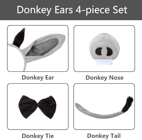 JIALWEN Donkey Costume Set Donkey Ears Headband Nose and Tail Bowtie Animal Kit Cosplay Party Decor Halloween Christmas Easter Dress Up Accessories