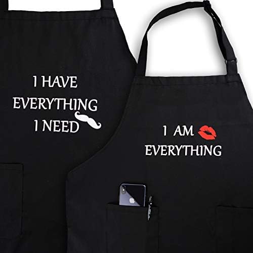 YIKA® I AM EVERYTHING® Apron Couples, Christmas Gifts for Couples: Waterproof Aprons for Women Men, with Adjustable Neck Strap with Extra Long Ties, 2 Pockets (Black)