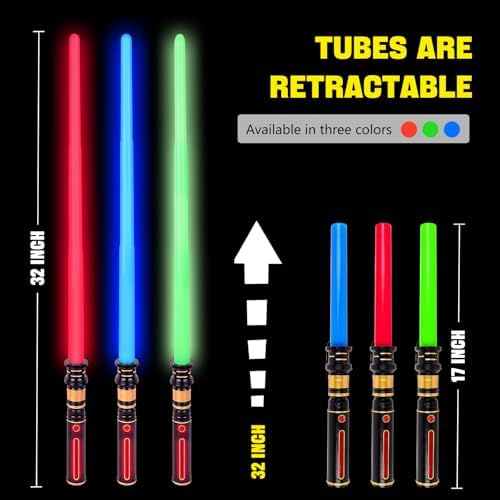 YukiHalu 3-Pack Light Up LED Saber, Light Swords with FX Sound and Realistic Handle, Expandable Sabre for Halloween Dress Up Parties Birthday Christmas Galaxy War Fighters