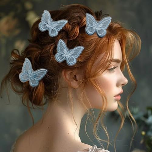 12Pcs Blue Butterfly Hair Clips, Cute Lace Embroidery Flower Butterfly Hair Bow for Women Girls Fairy Hair Accessories Halloween Christmas Party Decor (Blue)