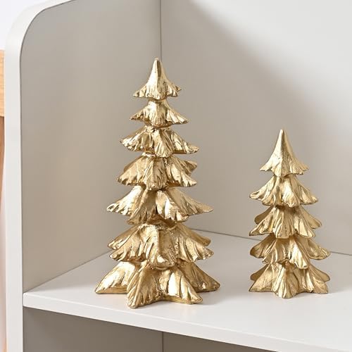 Gold Christmas Tree Figurines, Small Resin Christmas Trees Home Decor, Tabletop Tree Set of 2, Decorative Xmas Trees for Christmas Decorations Indoor Mantle Centerpieces