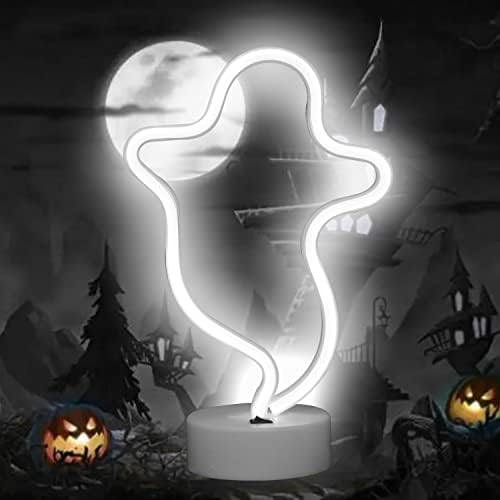 Ghost Neon Lights Halloween Decorations, LED Signs Spooky Shape Neon Signs Night Lights for Gothic, Home, Wall Party Christmas Decor-Ghost with Holder Base(White)